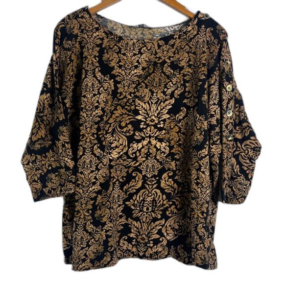 Jones New York Signature Gold Floral Damask 3/4 Sleeve Cotton Blouse Size 1X - Picture 1 of 9